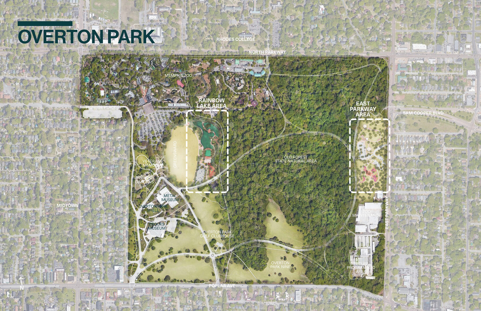 Map of Overton Park with Rainbow Lake and East Parkway areas highlighted