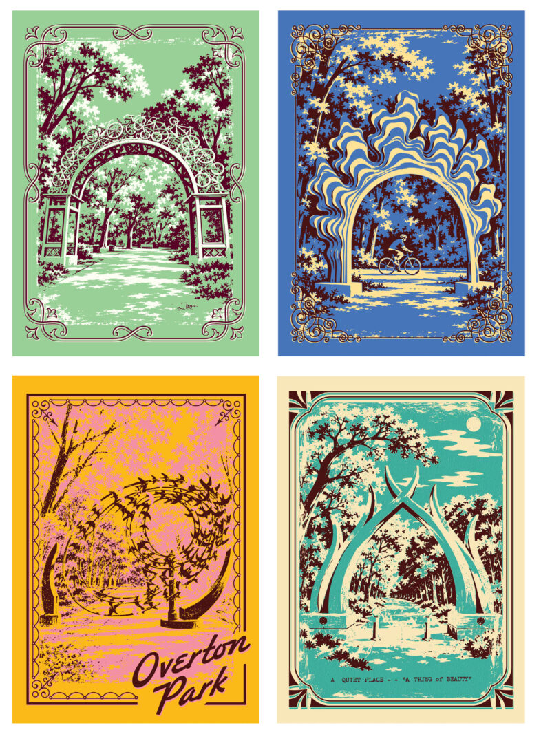 Four illustrated depictions of Overton Park's forest entrance gateways in a block-print style